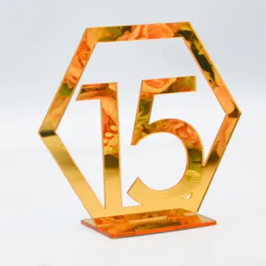 Gold Acryl Spiegel Tischnummer 15 hexagonale Hochzeit Empfang Dekoration Tischdeko