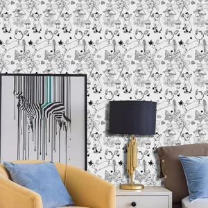 Carta da parati con coniglio schizzo in bianco e nero adesivo murale da camera.