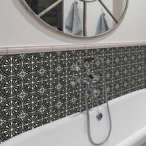 Self-adhesive removable black and white tile stickers PVC waterproof wall decor for bathroom.