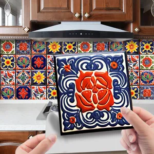 Detail shot of Moroccan style decorative tile sticker, vintage blue and red floral pattern.