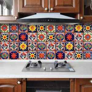 Detailed view of Moroccan style tile stickers applied on kitchen wall, vibrant decorative design.