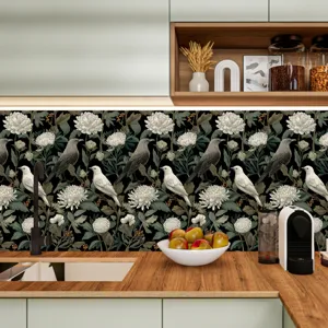Vista dettagliata dell adesivo per piastrelle da cucina con motivo floreale e uccelli vintage