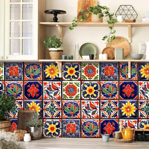 Moroccan style tile sticker detail, colorful geometric pattern wall decor for kitchen.