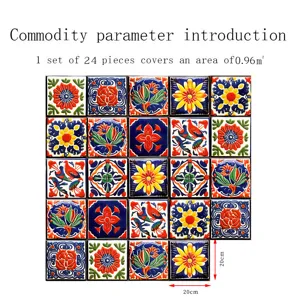 Moroccan style tile wall stickers, waterproof decorative stickers for living room, 24 pieces set