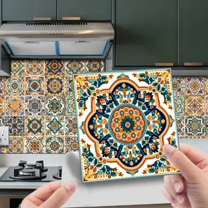 Moroccan style tile wall sticker detail showing rich retro geometric floral pattern design.