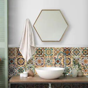Moroccan style tile sticker detail view, waterproof wall decor for bathroom or living room.