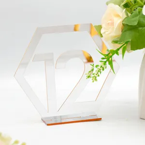 Sechseckiges Acryl Tischnummer Schild mit Sockel, Spiegeleffekt Nummer 12 für Hochzeit.