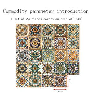Moroccan style tile stickers 24pcs 15x15cm waterproof self-adhesive wall decor for home living room