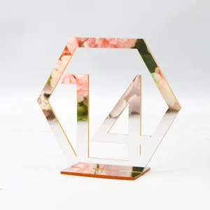 Sechseckiges Acryl Hochzeit Tischnummer Schild mit Nummer 14 Spiegel Design Tischdeko.