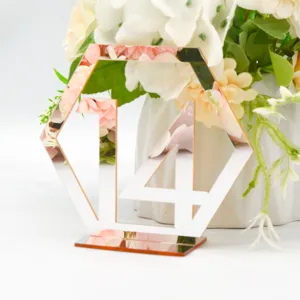 Roségold Acryl Tischnummer 14, moderne geometrische sechseckige Hochzeitsdeko für Festempfang.