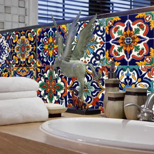 Moroccan tile wall sticker detail view, showcasing vintage geometric patterns and colorful aesthetic.
