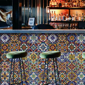 Detailed scene showing Moroccan tile stickers applied to a bar counter, vibrant retro patterns.
