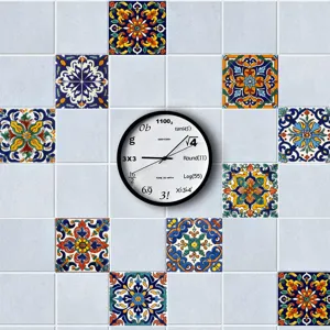 Moroccan style tile wall stickers with creative math clock decor, vibrant geometric patterns for home.
