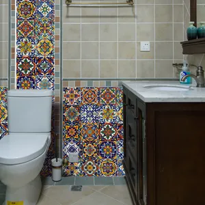 Moroccan style waterproof tile stickers for bathroom wall decor, self-adhesive PVC wallpaper.