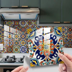 Close-up detail of Moroccan style tile sticker in kitchen, colorful retro waterproof decor.