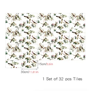 Adesivi per piastrelle con uccelli botanici vintage francesi, 32 pezzi per decorazioni cucina.