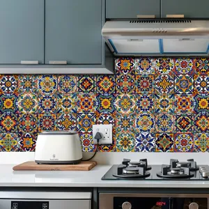 Moroccan kitchen tile sticker detail showing vibrant geometric wall decor patterns.