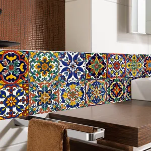 Detailed view of Moroccan style tile stickers applied on a kitchen wall, colorful geometric pattern.