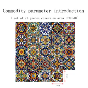 Moroccan tile sticker detail showing vibrant vintage geometric patterns and 10cm size specs.