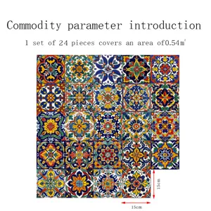 Moroccan style tile stickers 24pcs waterproof self-adhesive wall decor for kitchen and bathroom.