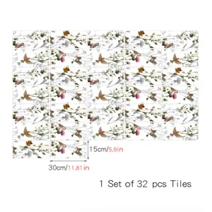 Adesivi per piastrelle in stile francese, set da 32 pezzi con design floreale e uccelli.