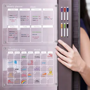 Clear acrylic magnetic weekly monthly dry erase calendar board set for fridge with markers.
