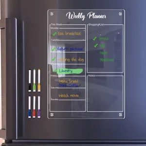 Clear acrylic weekly planner board for refrigerator, erasable memo board with colorful markers.