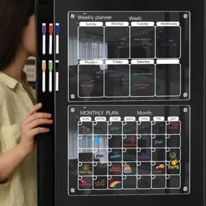 Transparent Acrylic Magnetic Fridge Calendar Weekly and Monthly Planner Board with Erasable Markers.