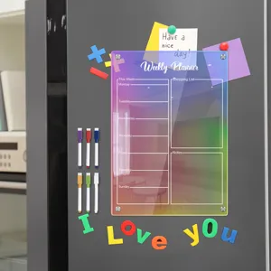 Acrylic magnetic weekly planner board for fridge with dry erase markers and colorful notes.