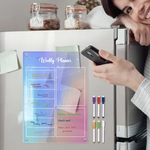 Acrylic weekly planner magnetic board for fridge with dry erase markers and colorful design.