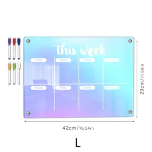 Acrylic weekly planner board with markers, dry erase magnetic calendar for fridge, size L.