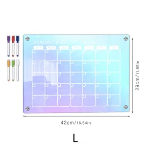 Colorful acrylic monthly calendar memo board with dry erase markers and magnetic backing.