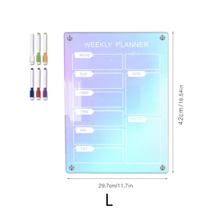 Acrylic weekly planner detail view showing colorful gradient board, grid layout and pens.