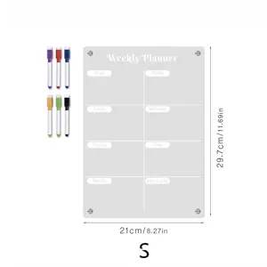 Clear acrylic weekly planner board with markers, perfect for home and office organization.