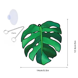 Monstera leaf suncatcher acrylic hanging decor with chain suction cup, 14x12.9cm home art.