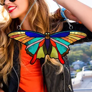 Colorful butterfly hanging ornament, stained glass style acrylic home decor with metal chain.