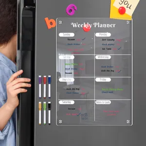 Clear acrylic magnetic weekly planner board for refrigerator with colored dry erase markers.