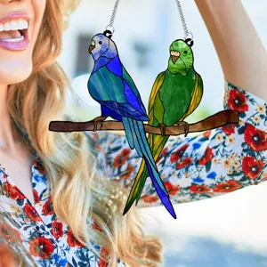 Stained acrylic glass double bird hanging pendant for home wall window decor and gift.