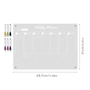 Clear acrylic weekly planner board with colorful erasable markers for office and home organization.