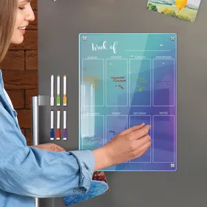 Acrylic magnetic weekly calendar board for fridge with dry erase markers and colorful notes.