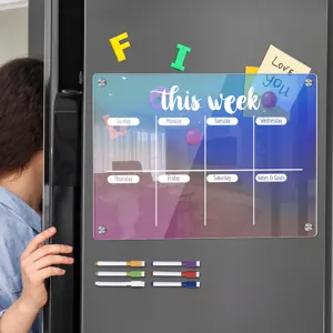 Acrylic magnetic weekly planner board for fridge with dry erase markers and colorful design.