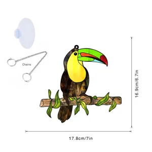 Stained glass toucan bird hanging ornament with chain and suction cup for home window decor.