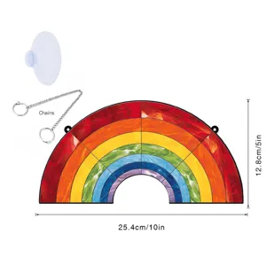 Rainbow stained glass window hanging suncatcher with metal chain and suction cup for home decor.