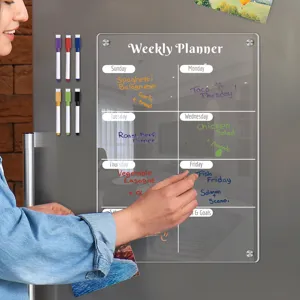 Clear acrylic magnetic weekly planner for fridge, erasable calendar board with pens.