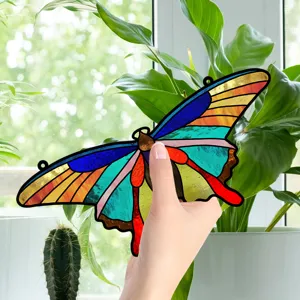 Stained acrylic butterfly hanging ornament, colorful window decor for home and garden.