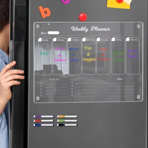 Clear acrylic weekly planner magnetic fridge dry erase board with colorful markers.