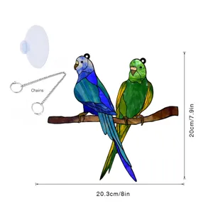 Stained acrylic glass parrot hanging decoration window panel with chain and suction cup.