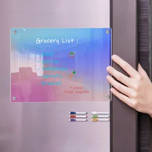 Colorful acrylic magnetic fridge dry erase memo board with 4 markers for kitchen grocery lists.