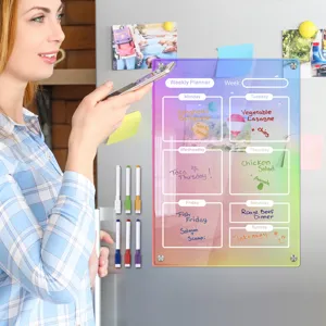 Acrylic weekly planner magnetic fridge board with dry erase markers and colorful calendar.