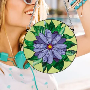 Round stained glass flower suncatcher acrylic hanging window ornament for home decor wall art.